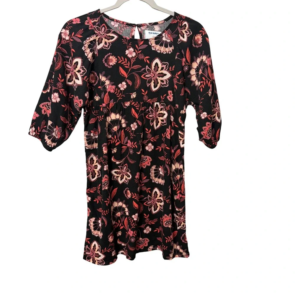 Old Navy Girls Large Floral Babydoll Dress‎ Black Pink 3/4 Sleeve Cotton Mix